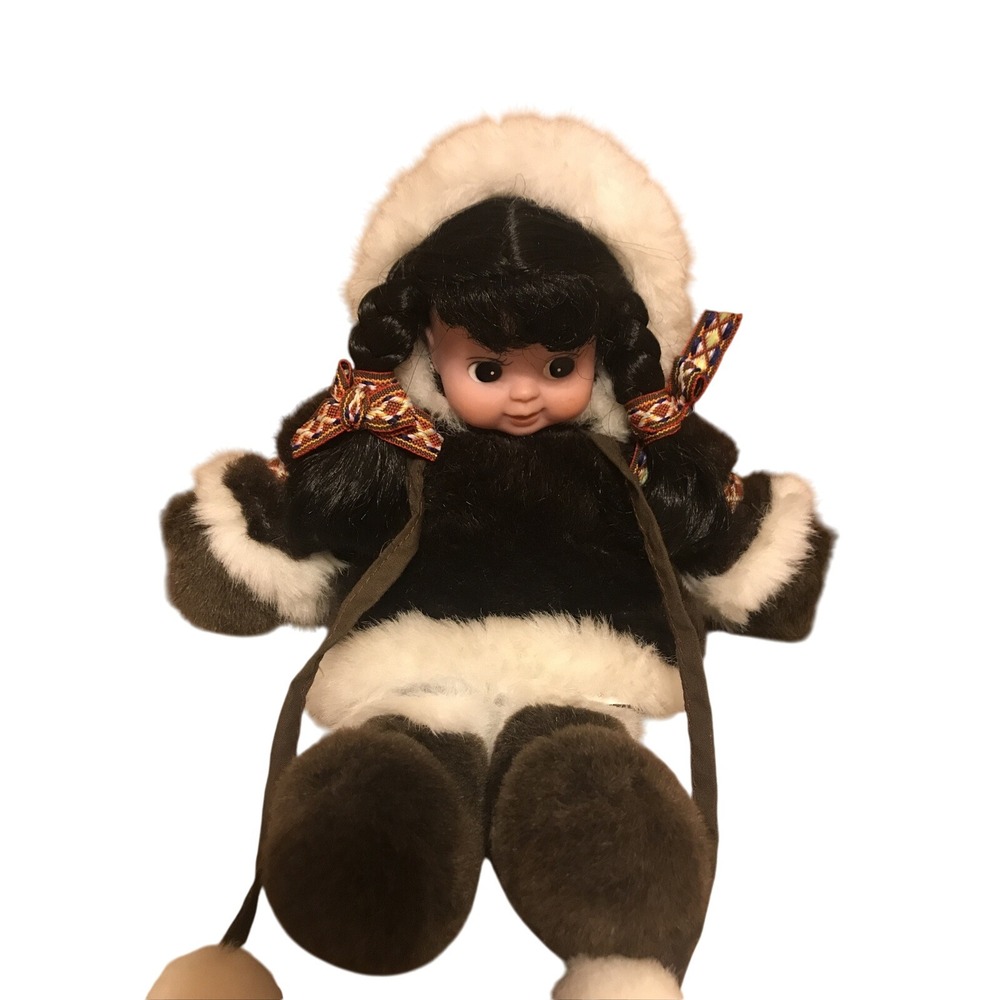 Vintage‎ Eskimo Doll Souvenir Fur Hood Braids Plush Toy Collectible Decor